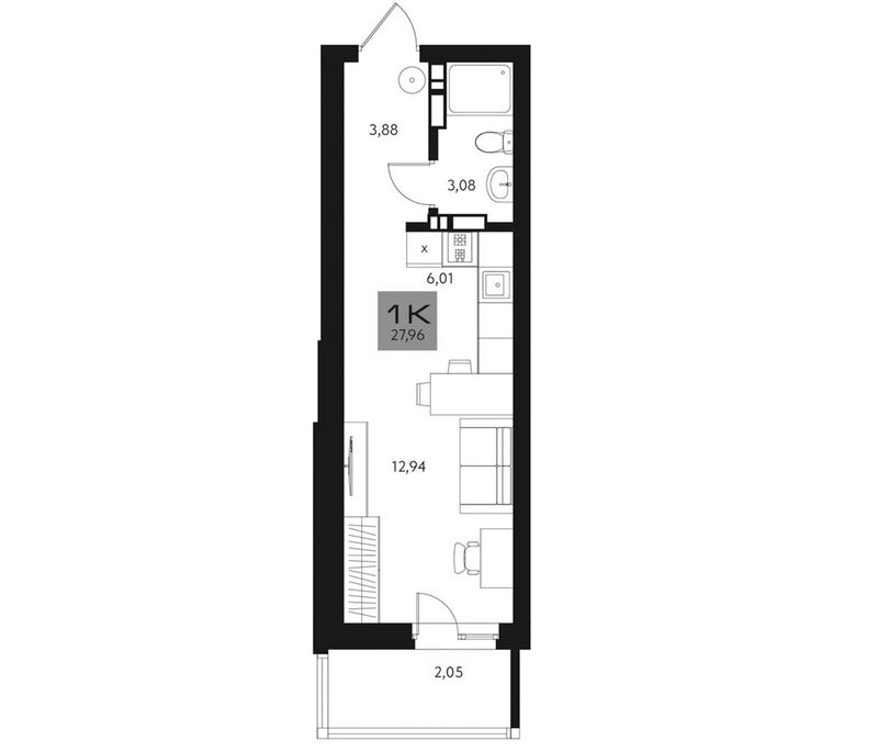 Планировка студии 25.91 м² в ЖК «Параграф. Томск»