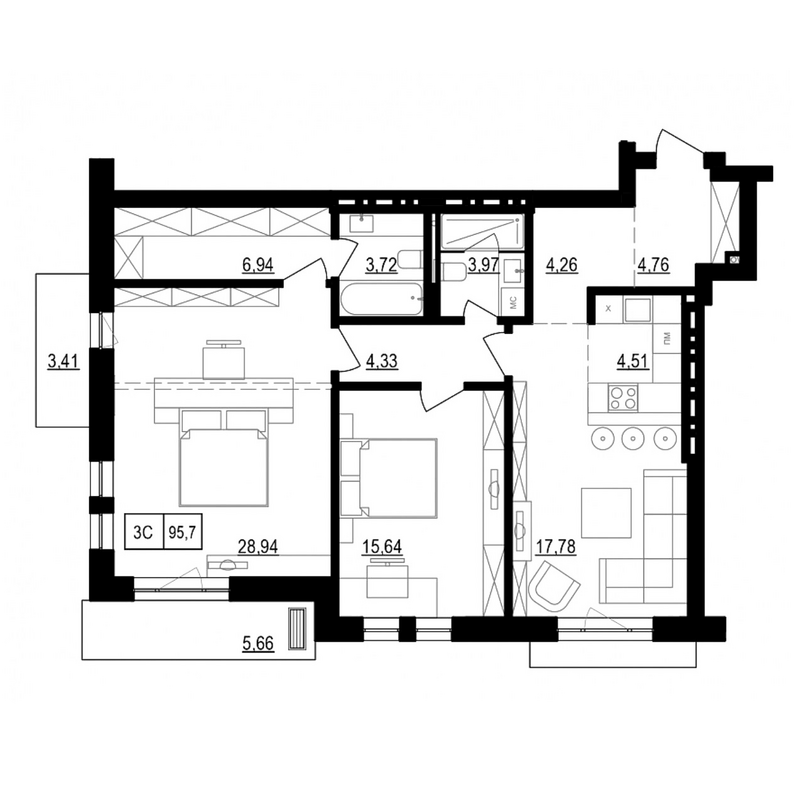 Планировка 3е-к.кв 95.85 м² в ЖК «Жуковка»