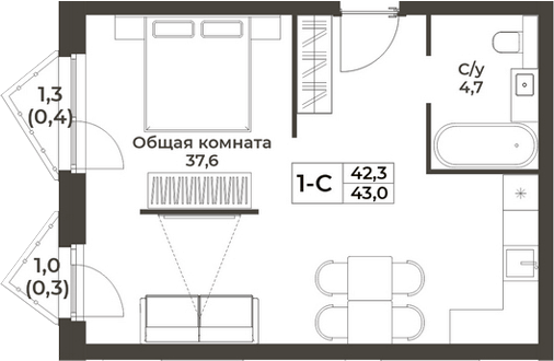 Планировка студии 42.30 м² в ЖК «RIZALTA РЕЗОРТ БЕЛОКУРИХА»