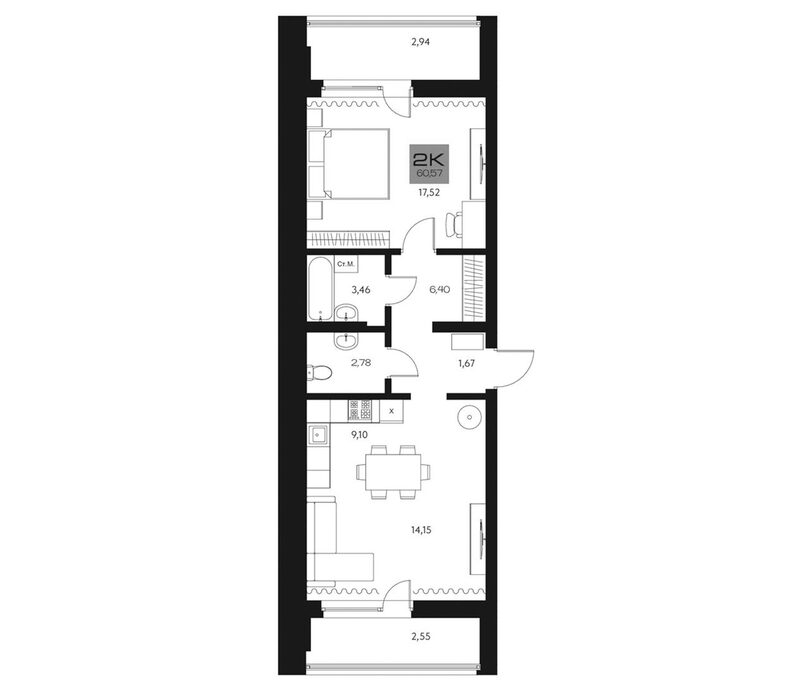 Планировка 2е-к.кв 55.08 м² в ЖК «Параграф. Томск»