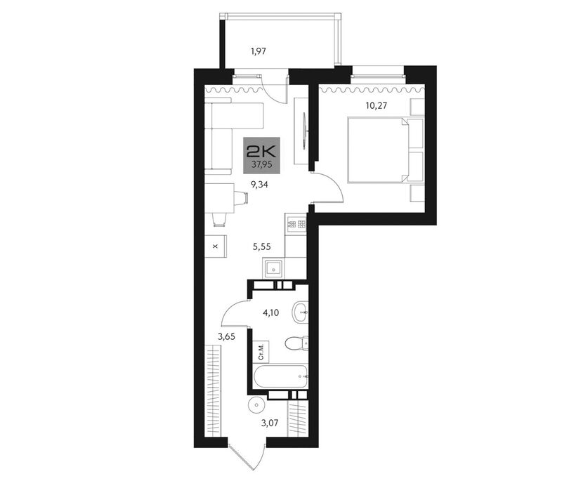 Планировка 2е-к. квартира 35.98 м² в ЖК «Параграф. Томск»