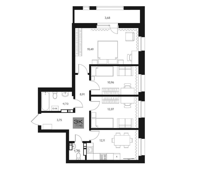 Планировка 3-к.кв 73.78 м² в ЖК «Параграф. Томск»