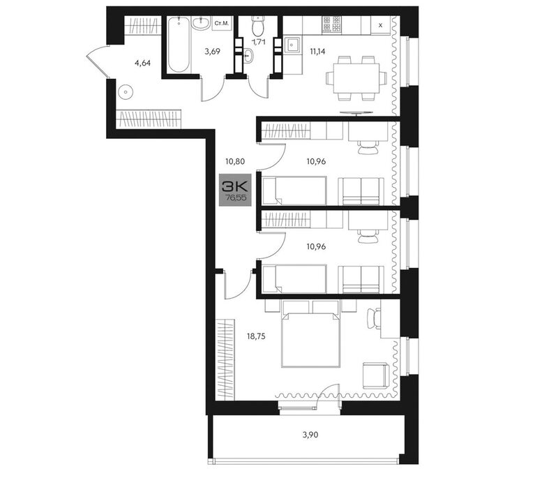 Планировка 3-к.кв 72.65 м² в ЖК «Параграф. Томск»