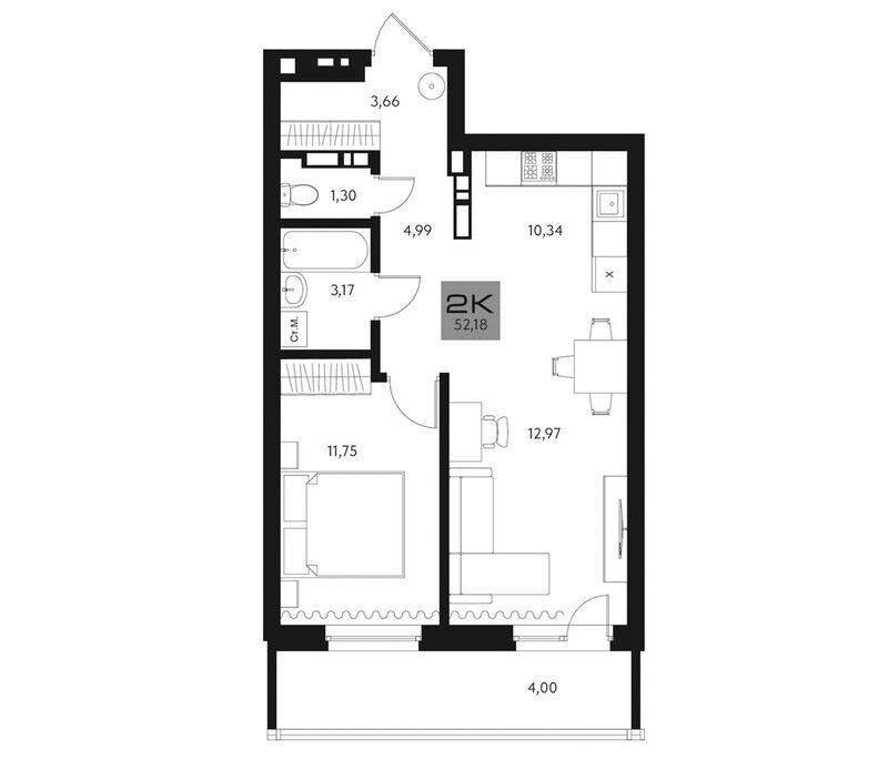 Планировка 2е-к. квартира 48.18 м² в ЖК «Параграф. Томск»