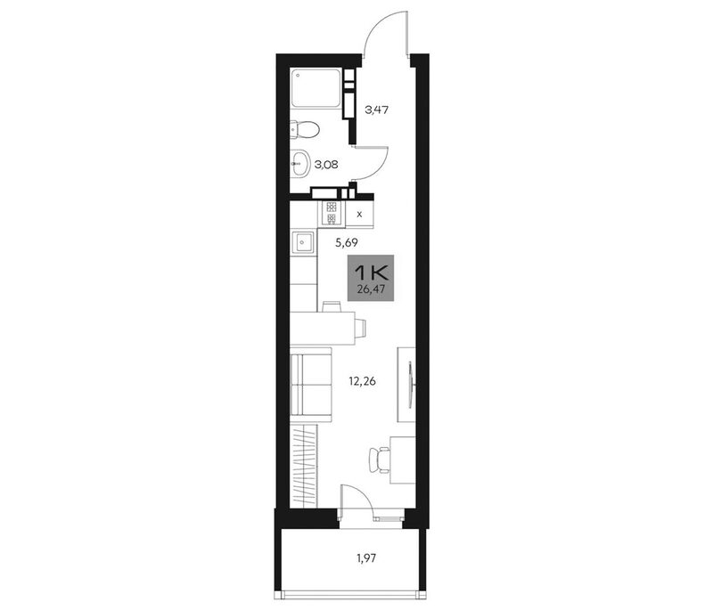 Планировка студии 24.50 м² в ЖК «Параграф. Томск»