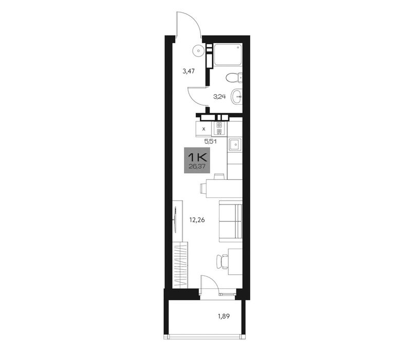 Планировка студии 24.48 м² в ЖК «Параграф. Томск»
