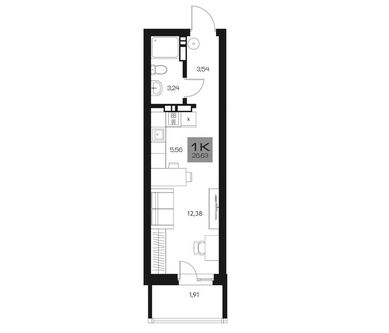 Планировка студии 24.72 м² в ЖК «Параграф. Томск»