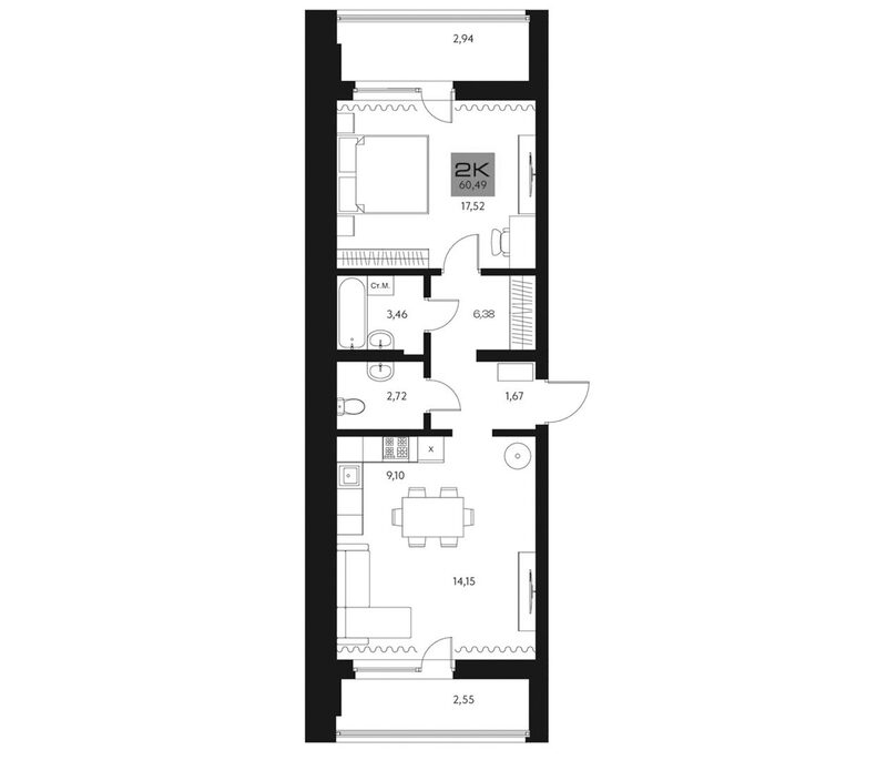 Планировка 2е-к.кв 55.00 м² в ЖК «Параграф. Томск»