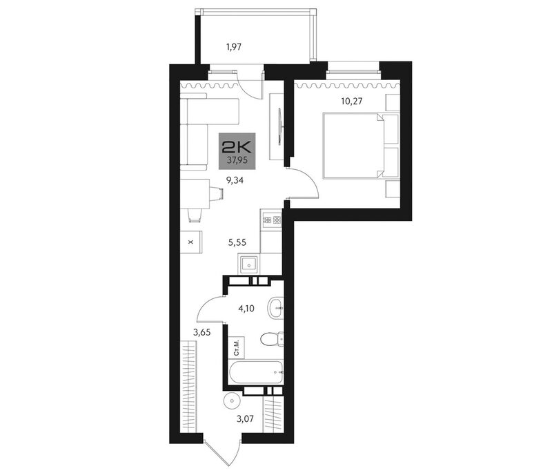 Планировка 2е-к. квартира 35.98 м² в ЖК «Параграф. Томск»