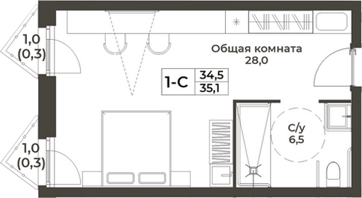 Планировка студии 34.50 м² в ЖК «RIZALTA РЕЗОРТ БЕЛОКУРИХА»