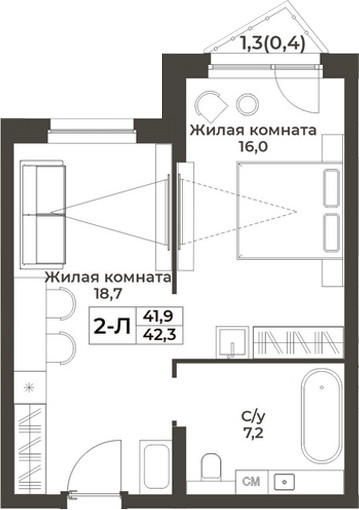 Планировка 2е-к.кв 41.90 м² в ЖК «RIZALTA РЕЗОРТ БЕЛОКУРИХА»