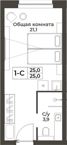 Планировка студии 25.00 м² в ЖК «RIZALTA РЕЗОРТ БЕЛОКУРИХА»