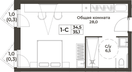 Планировка студии 34.50 м² в ЖК «RIZALTA РЕЗОРТ БЕЛОКУРИХА»