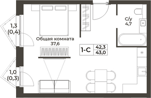 Планировка студии 42.30 м² в ЖК «RIZALTA РЕЗОРТ БЕЛОКУРИХА»