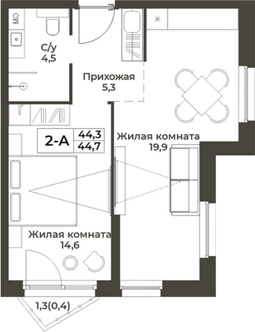 Планировка 2е-к.кв 44.30 м² в ЖК «RIZALTA РЕЗОРТ БЕЛОКУРИХА»