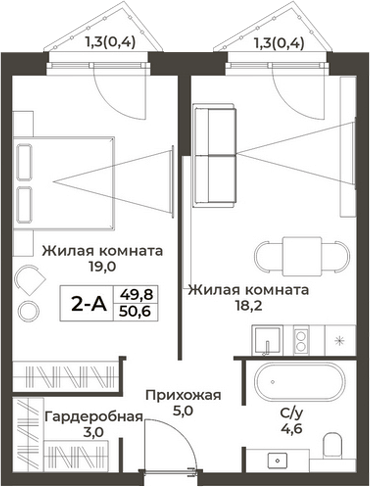 Планировка 2е-к.кв 49.80 м² в ЖК «RIZALTA РЕЗОРТ БЕЛОКУРИХА»