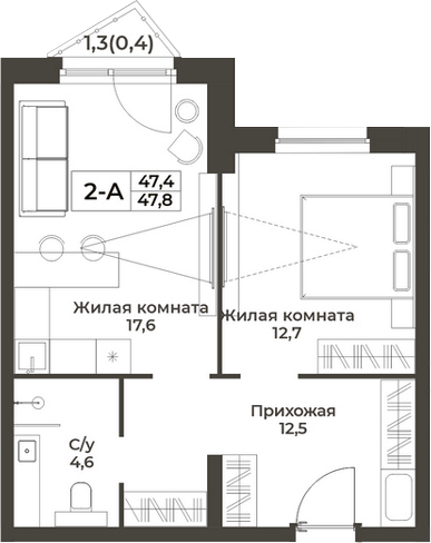 Планировка 2е-к.кв 47.40 м² в ЖК «RIZALTA РЕЗОРТ БЕЛОКУРИХА»