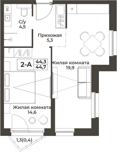 Планировка 2е-к.кв 44.30 м² в ЖК «RIZALTA РЕЗОРТ БЕЛОКУРИХА»