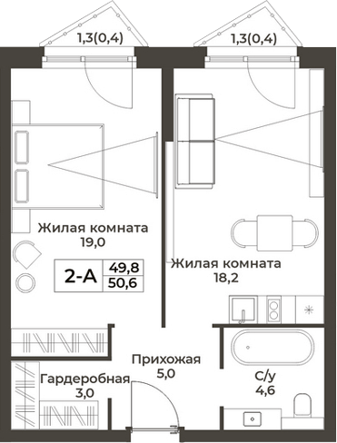 Планировка 2е-к.кв 49.80 м² в ЖК «RIZALTA РЕЗОРТ БЕЛОКУРИХА»