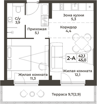 Планировка 2е-к.кв 42.10 м² в ЖК «RIZALTA РЕЗОРТ БЕЛОКУРИХА»