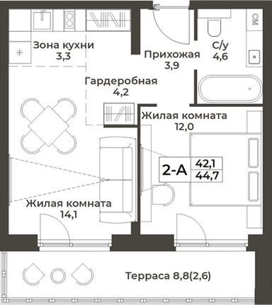Планировка 2е-к.кв 42.10 м² в ЖК «RIZALTA РЕЗОРТ БЕЛОКУРИХА»