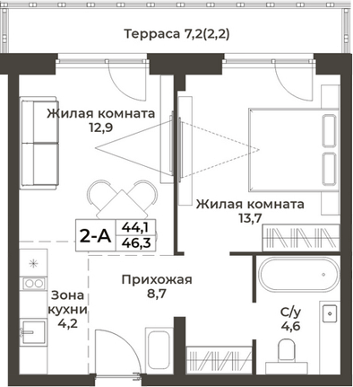 Планировка 2е-к.кв 44.10 м² в ЖК «RIZALTA РЕЗОРТ БЕЛОКУРИХА»