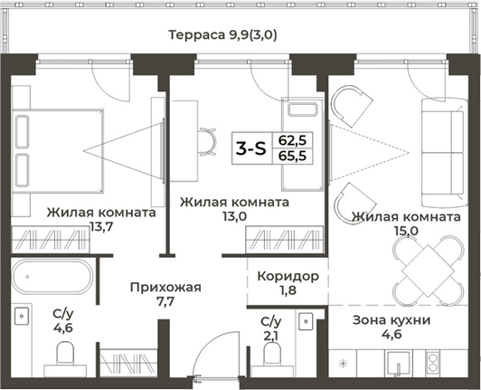 Планировка 3е-к.кв 62.50 м² в ЖК «RIZALTA РЕЗОРТ БЕЛОКУРИХА»