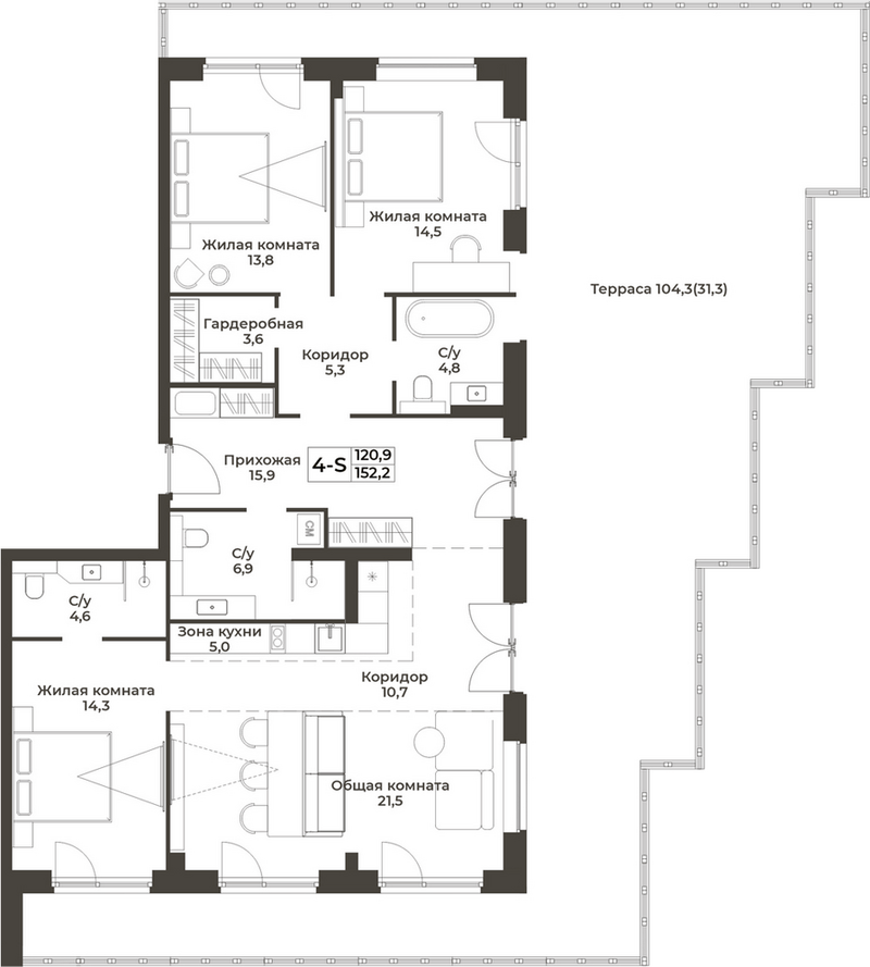 Планировка 4е-к.кв 120.90 м² в ЖК «RIZALTA РЕЗОРТ БЕЛОКУРИХА»