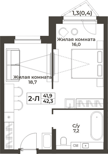 Планировка 2е-к.кв 41.90 м² в ЖК «RIZALTA РЕЗОРТ БЕЛОКУРИХА»