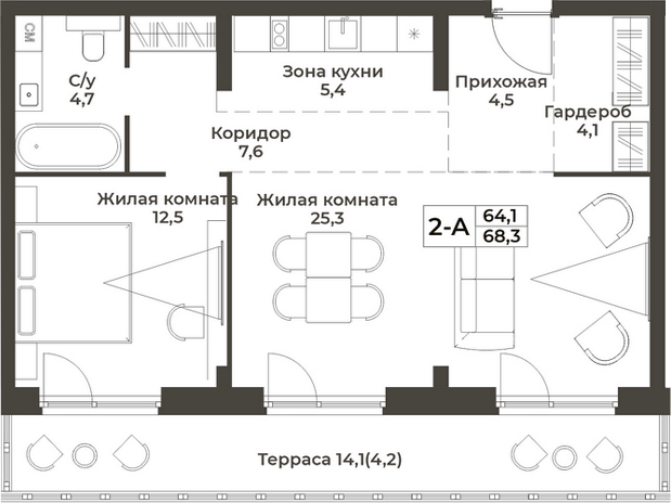 Планировка 2е-к.кв 64.10 м² в ЖК «RIZALTA РЕЗОРТ БЕЛОКУРИХА»