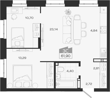 Планировка 3е-к.кв 61.90 м² в ЖК «1804 Квартал на Сибирской. Томск»