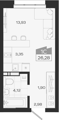 Планировка студии 26.28 м² в ЖК «1804 Квартал на Сибирской. Томск»