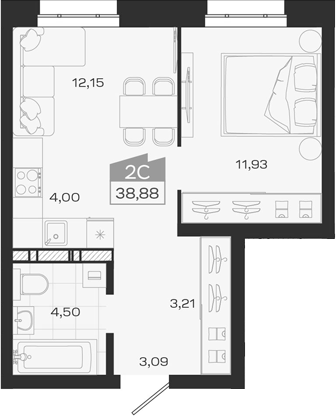 Планировка 2е-к.кв 38.88 м² в ЖК «1804 Квартал на Сибирской. Томск»