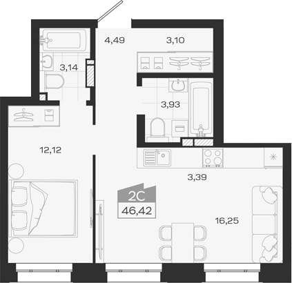 Планировка 2е-к.кв 46.42 м² в ЖК «1804 Квартал на Сибирской. Томск»