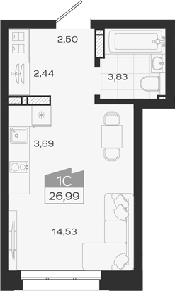 Планировка студии 26.97 м² в ЖК «1804 Квартал на Сибирской. Томск»