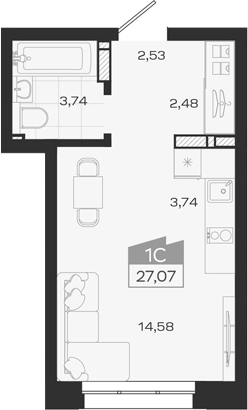 Планировка студии 27.07 м² в ЖК «1804 Квартал на Сибирской. Томск»