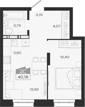 Планировка 2е-к.кв 40.18 м² в ЖК «1804 Квартал на Сибирской. Томск»