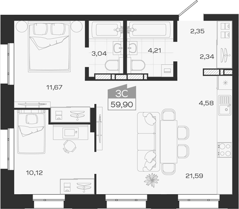 Планировка 3е-к.кв 59.90 м² в ЖК «1804 Квартал на Сибирской. Томск»