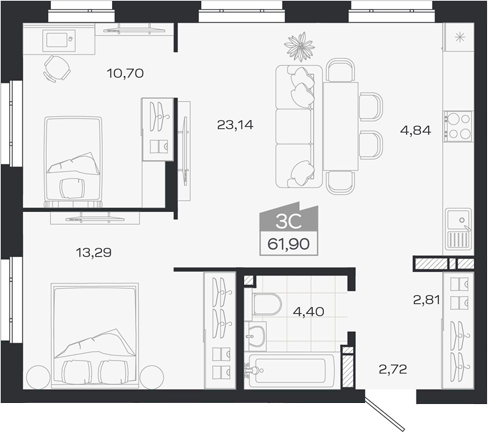 Планировка 3е-к.кв 61.90 м² в ЖК «1804 Квартал на Сибирской. Томск»