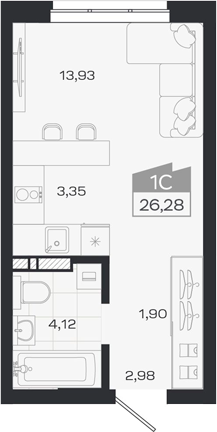 Планировка студии 26.28 м² в ЖК «1804 Квартал на Сибирской. Томск»