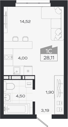 Планировка студии 28.11 м² в ЖК «1804 Квартал на Сибирской. Томск»