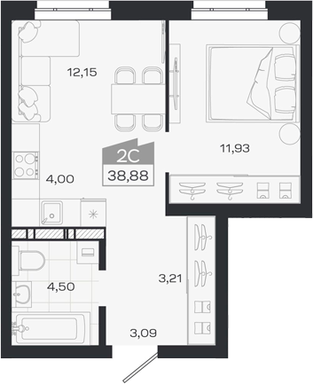 Планировка 2е-к.кв 38.88 м² в ЖК «1804 Квартал на Сибирской. Томск»