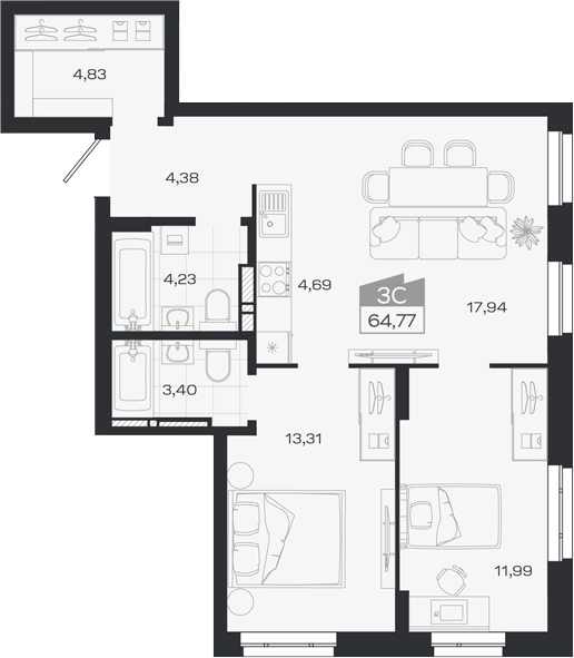 Планировка 3е-к.кв 64.77 м² в ЖК «1804 Квартал на Сибирской. Томск»