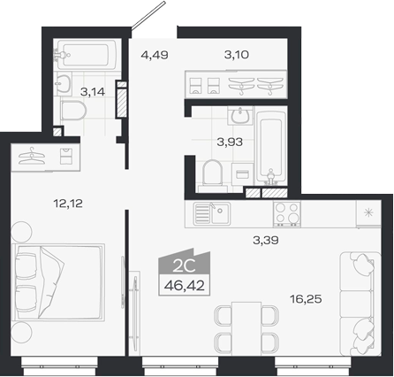 Планировка 2е-к.кв 46.42 м² в ЖК «1804 Квартал на Сибирской. Томск»