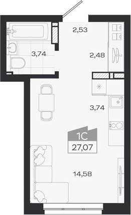 Планировка студии 27.07 м² в ЖК «1804 Квартал на Сибирской. Томск»