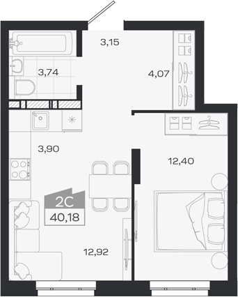 Планировка 2е-к.кв 40.18 м² в ЖК «1804 Квартал на Сибирской. Томск»