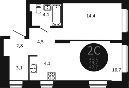 Планировка 2е-к. квартира 49.70 м² в ЖК «Первый на Есенина»