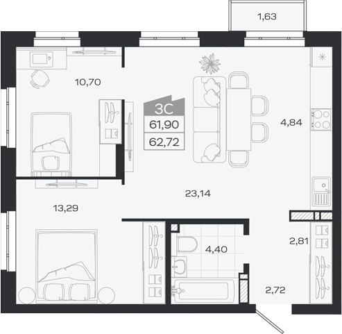 Планировка 3е-к.кв 61.90 м² в ЖК «1804 Квартал на Сибирской. Томск»