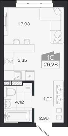 Планировка студии 26.28 м² в ЖК «1804 Квартал на Сибирской. Томск»