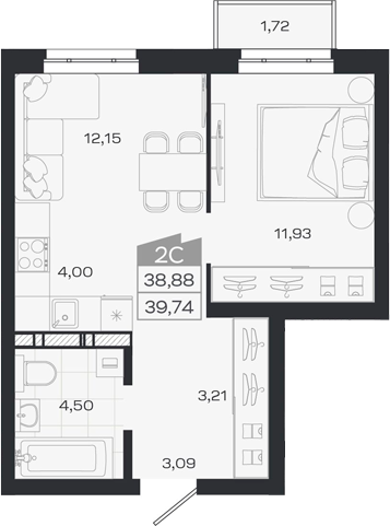 Планировка 2е-к.кв 38.88 м² в ЖК «1804 Квартал на Сибирской. Томск»